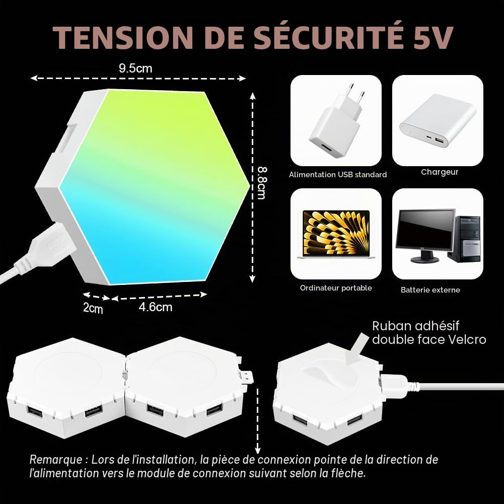Panneau LED Hexagone Murale Lampe, 10 Panneaux Lumineux LED Connectés, Smart Deco Music Sync Modulaires RGB Lights App&Télécommande Contrôle, Creative Gaming Appliques Murales pour Salon-10pcs