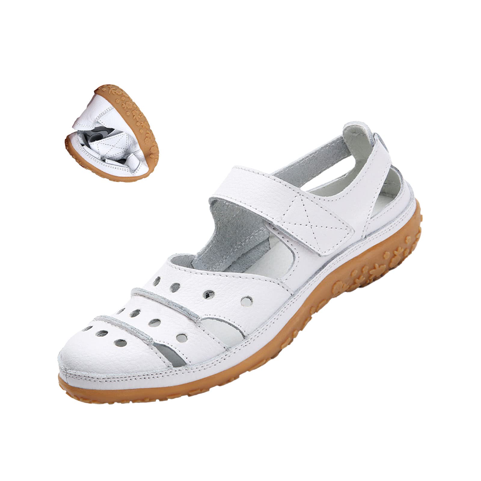 Keilinia Women's Summer Casual Closed Toe Leather Sandals,Comfortable Soft Sole Ankle Strap Mary Jane Orthopedic Beach Shoes