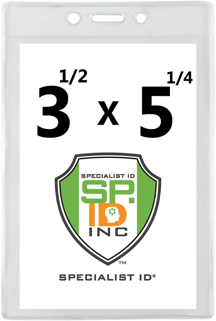 Bulk 100 Pack - 3 1/2" X 5 1/4" Large Badge Holders - Clear Plastic Name Tag Sleeves, Vaccination Card Protector, Concert Ticket, Press Pass or Sporting Event Holder by Specialist ID (4X6 Outside)