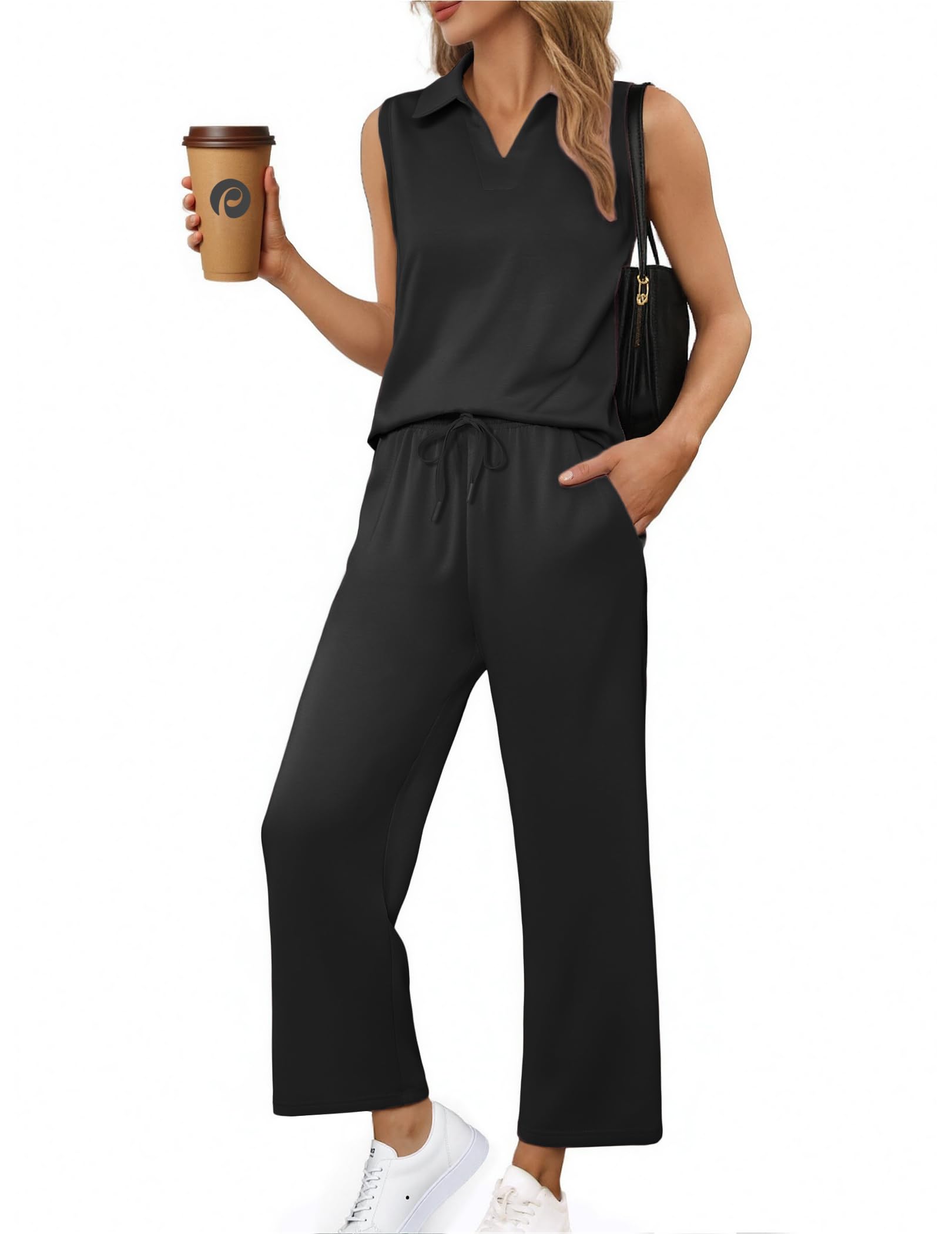 PINSPARK 2 Piece Sets for Women Sleeveless Matching Lounge Sets V Neck Tops Wide Leg Crop Pants Summer