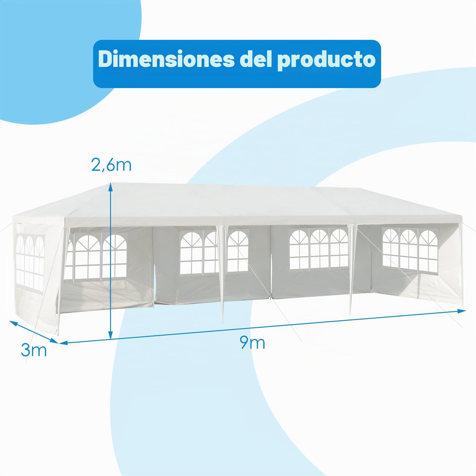 KOMFOTTEU Carpa Plegable 3 x 9 m, Cenador de Jardín con 5 Paredes Laterales Extraíbles y Ventanas, Carpa para Fiesta con Protección UV, Tienda Portátil para Eventos, Bodas, Blanco (3 x 9 m, 5 Paredes)