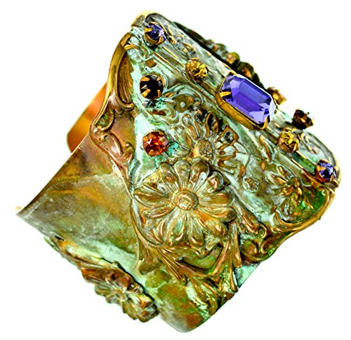 Elaine Coyne Collectible Artwear Olive Patina Brass Zinnia Flowers Wide Cuff - Authentic Glass Crystals #TOP1
