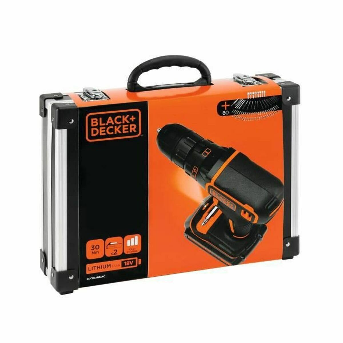 BLACK+DECKER Kit trapano 18V Cordless con 2 batterie da 1,5Ah, caricatore rapido, set di accessori da 80 pezzi e custodia da trasporto, BDCDC18BAFC-QW