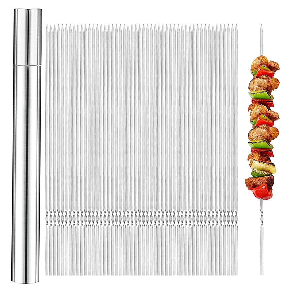 Juego de 50 pinchos de kabob, de metal de 14 pulgadas, planos, largos, con tubo de almacenamiento portátil, pinchos reutilizables de acero inoxidable para acampar al aire libre.