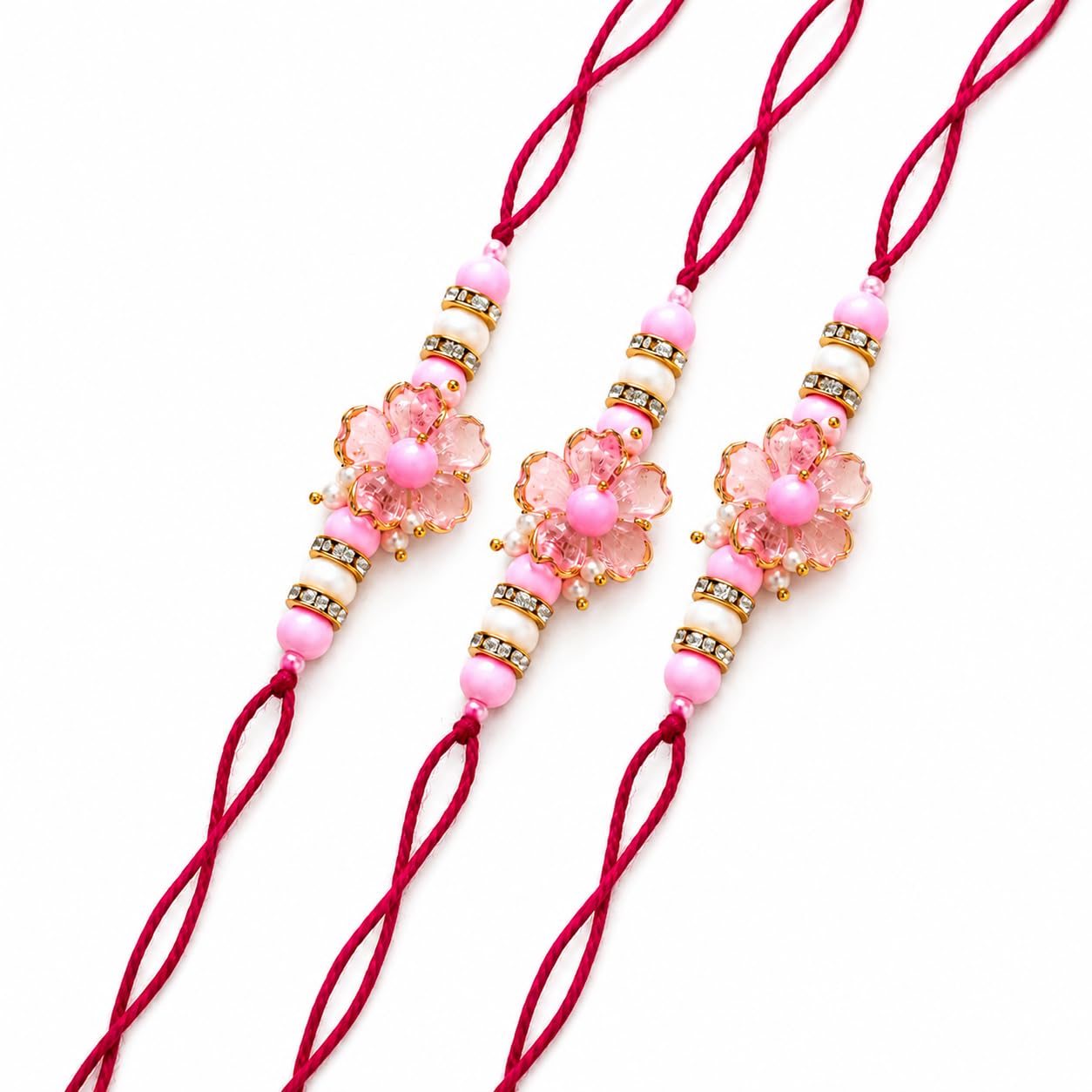 designer pink floral beaded rakhi for brother set of 3