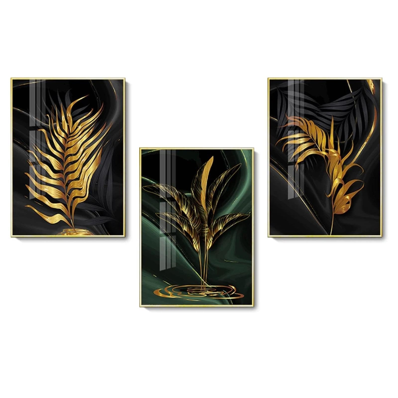 YIUEYI Moderno abstracto oro verde hoja negra 3 piezas lienzo pintura sala de estar hogar baño arte de la pared conjunto planta cartel imagen decoración 40x60cm (16x24in) x3 con marco