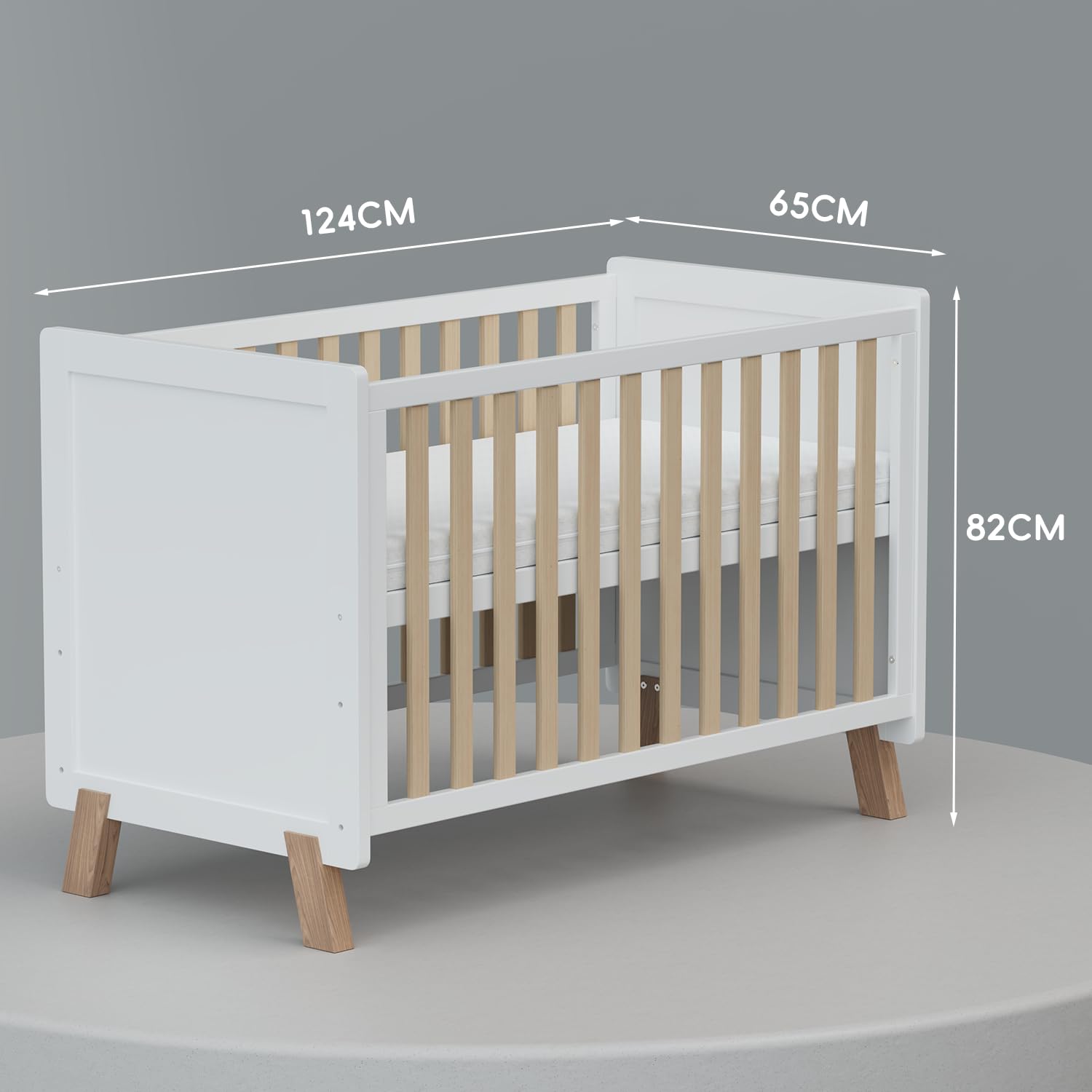 Lit pour bébé en bois 3-en-1, berceau, lit convertible avec barrière de dentition, base ajustable à 3 positions, garde-corps court et matelas inclus, pour bébés de 0 à 5 ans, conforme à la norme EN716