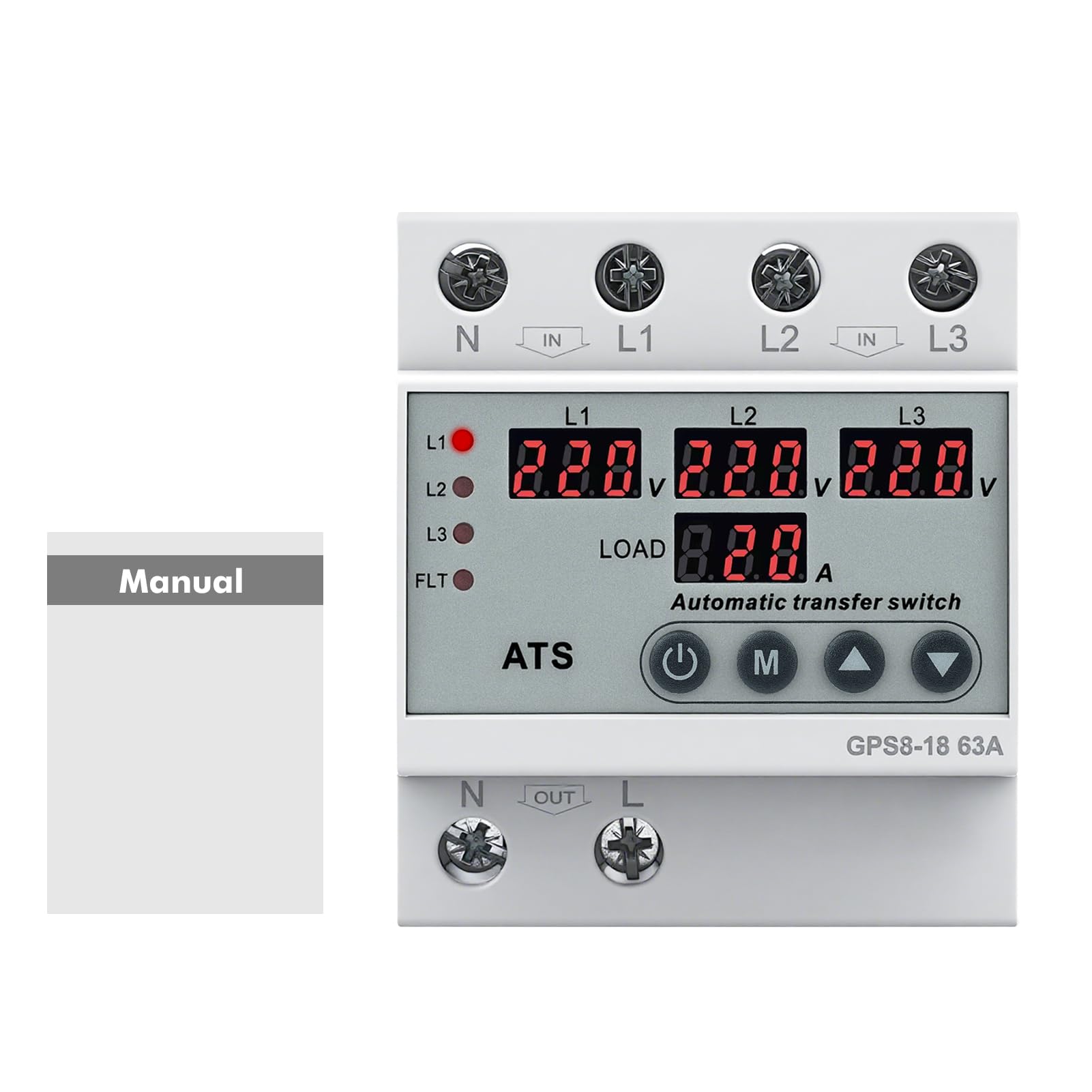 Interruttore di Trasferimento Automatico Trifase AC220V Commutatore 3 Posizioni Display Digitale LED Protezione da Sovratensione Sottotensione Sovracorrente per generatori fotovoltaici di rete GPS8-18