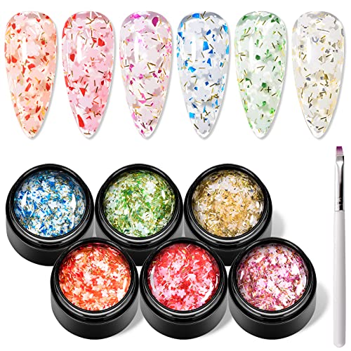 Flower Glitter Gel Nail Polish Set - 6 Pcs Diamond Sequins Style Gold Blue Green Clear Pink Jelly Gel Nail Polish Set with Flower, Crystal Transparent Gel Polish Nail Art Manicure Kit