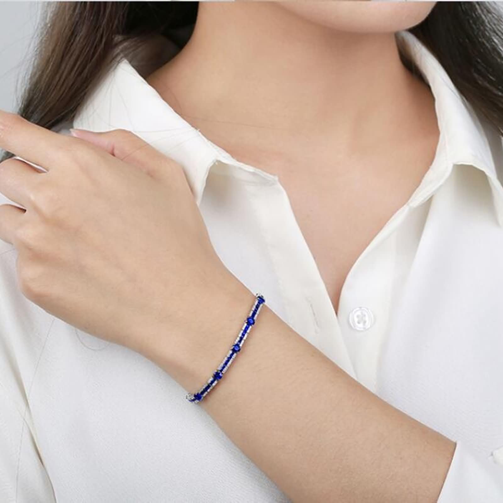 Pulsera Mujer Oro Blanco 9K / 14K / 18K, Oval con Zafiro Creado de 5,91 ct y Diamante, Cadena 16 CM, Pulseras de Mujer de Plata Azul