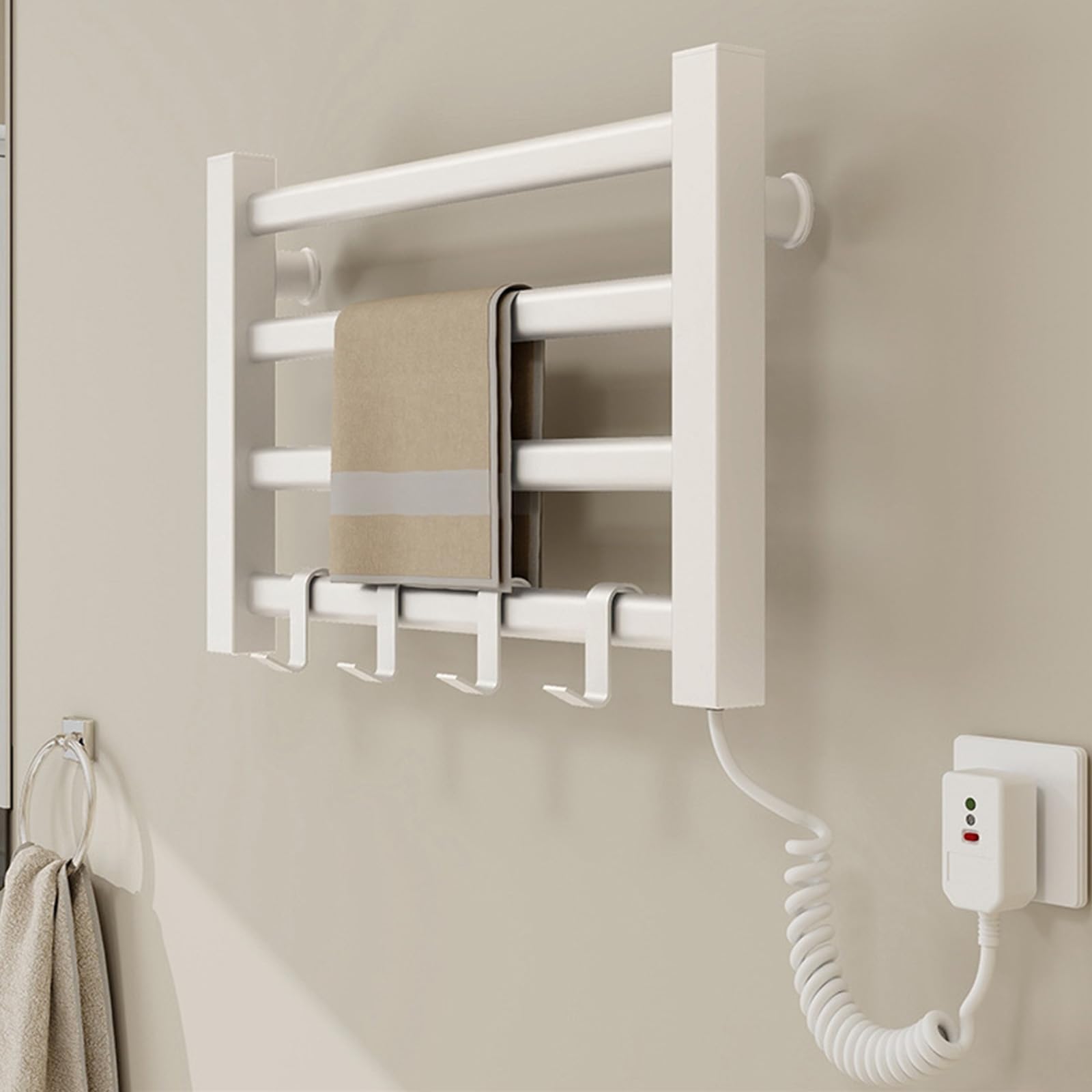 Radiador Toallero Eléctrico Bajo Consumo, Toallero Eléctrico Calefactado para Baño, Montado en Pared, Secador de Toallas con Termostato Integrado, 4 Barras y Ganchos-White