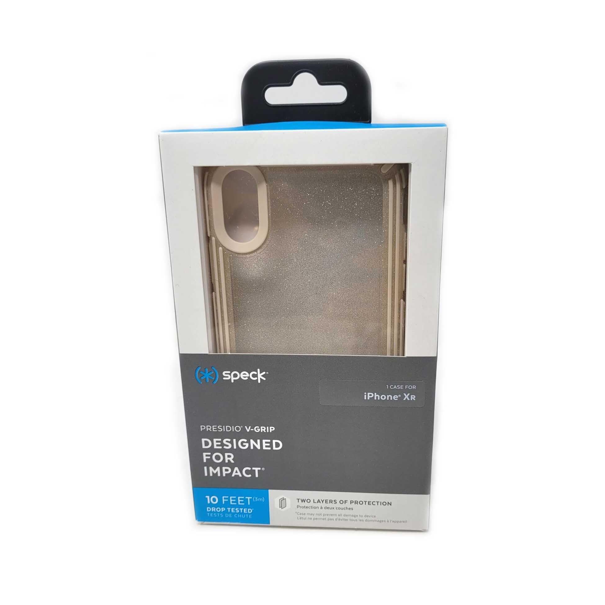 Speck Products Presidio V-Grip iPhone XR Case, IMPACTIUM,Shock-Absorbent, Clear with Gold Glitter/Calfskin Brown (120253-7730)