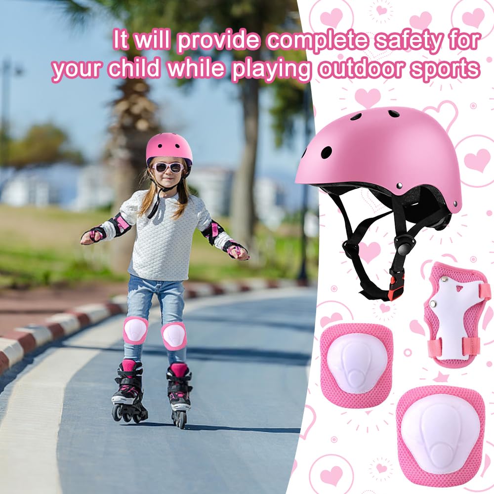 Genouillères Enfants 7 en 1 Set, Casque 3-7 Ans pour Skateboard, Vélo, Roller (Rose)