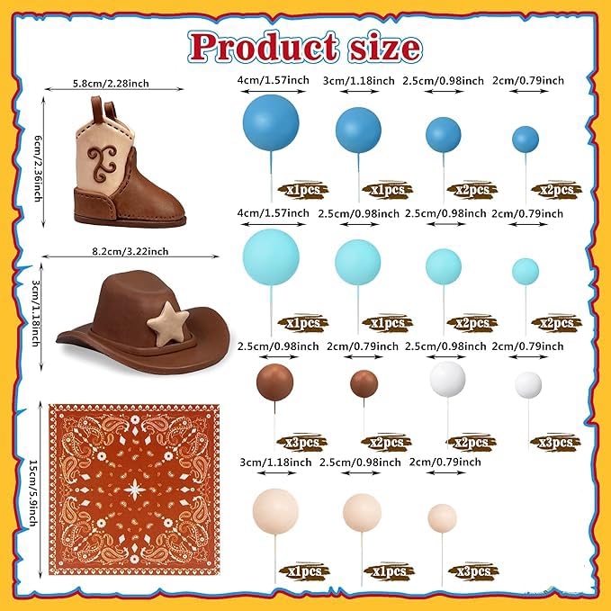 31-Piece Cowboy & Cowgirl Cake Toppers Set – Western Party Decorations, Includes Hats, Boots, Scarf & Colorful Balls
