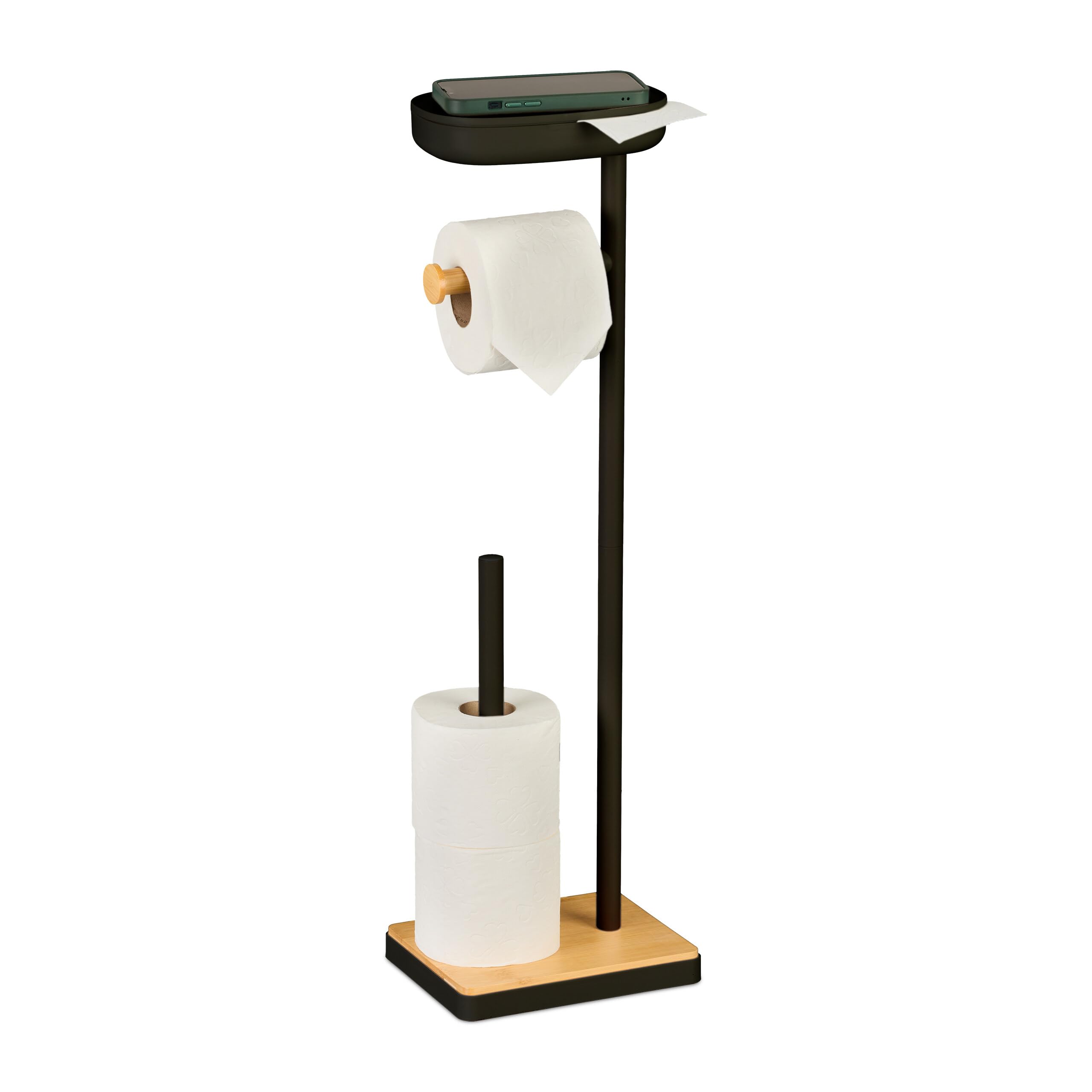 Relaxdays Black/Natural Freestanding Toilet Roll Holder With Shelf, Hwd: 68X20.5x16cm, Spare Roll Dispenser,