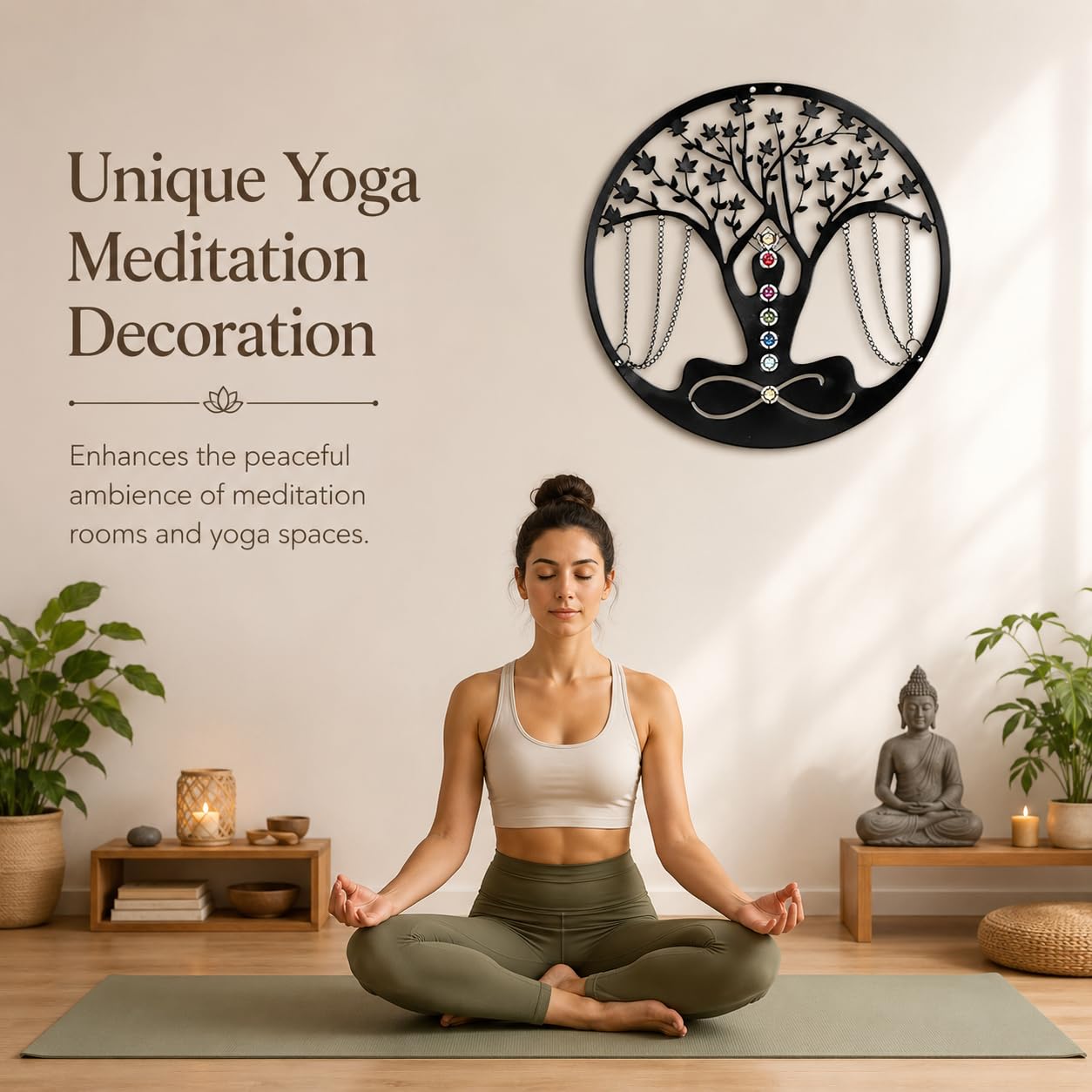 Decorazione da parete in metallo per yoga e meditazione nera, ideale come decorazione per la casa, per esterni, giardino, patio, soggiorno, camera da letto, collezione, per yoga, donna, 34 cm