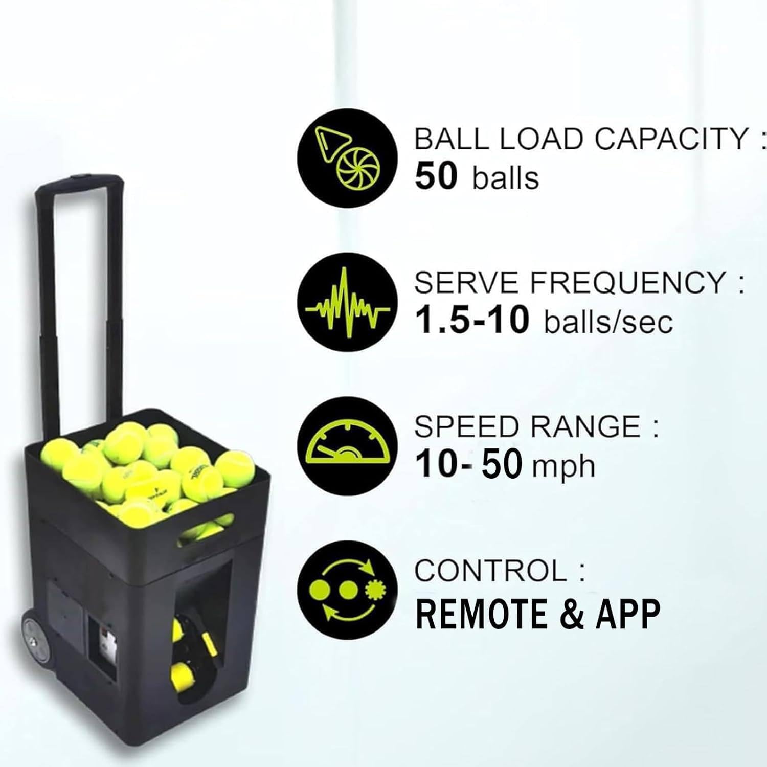 Macchina per palline da tennis – Lanciatore automatico portatile con telecomando wireless, angolo regolabile, velocità, rotazione, capacità di 50 palline – compatibile con app mobile