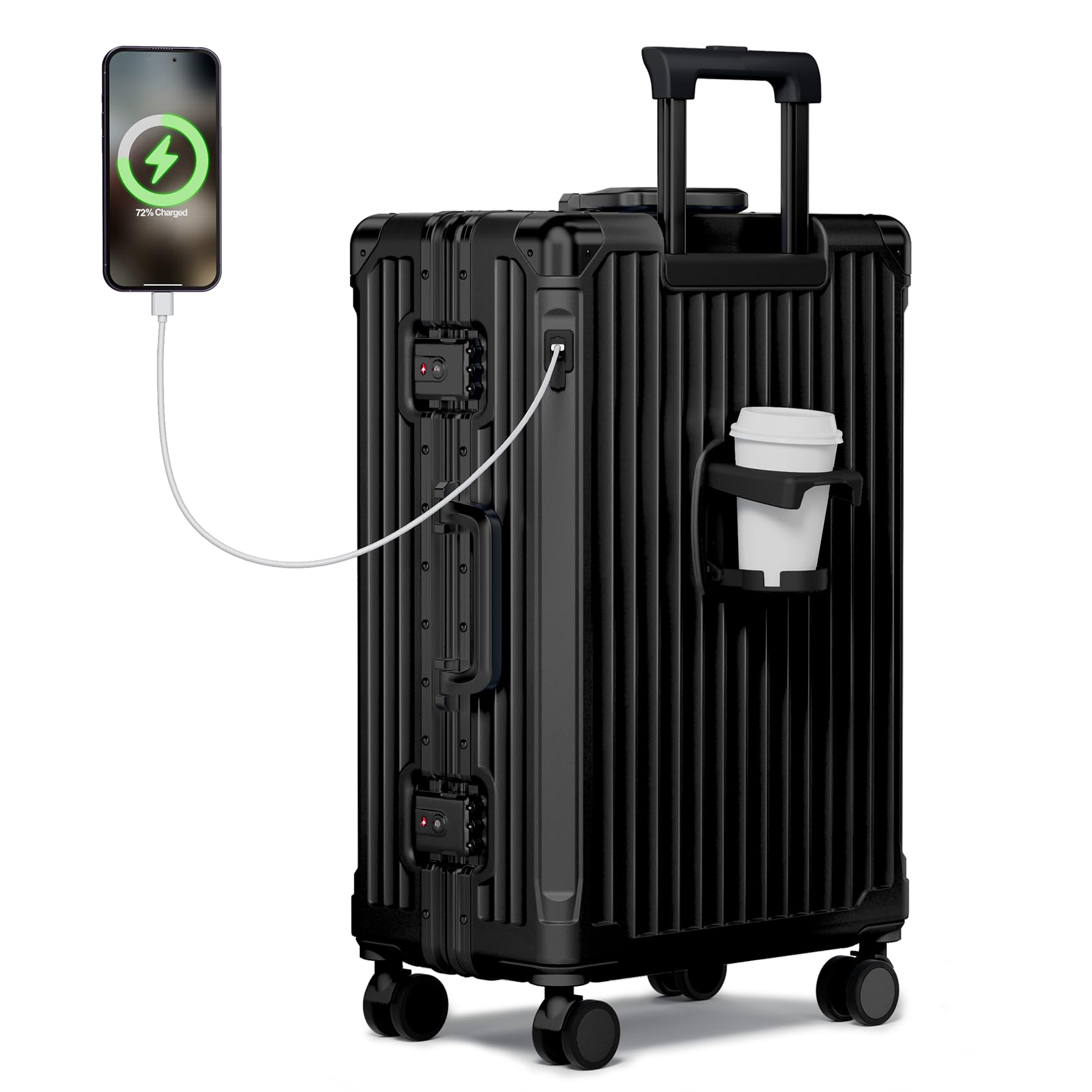 Zipperless Checked Luggage 24in Suitcase with Charger and Cup Holder