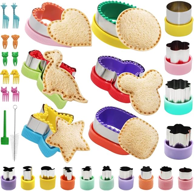 32 Pcs Sandwich Cutters for Children, FineGood Cookie Cutters Kids Fruit Vegetable Cutter Sandwich Cutter and Sealer with Food Picks Brush