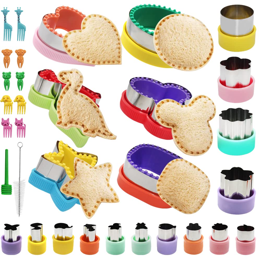 FineGood 32 Pcs Sandwich Cutter Set, Sandwich Cutter and Sealer Cookie Cutters Vegetable Fruit Cutters Shapes for Kids with Food Picks Brush