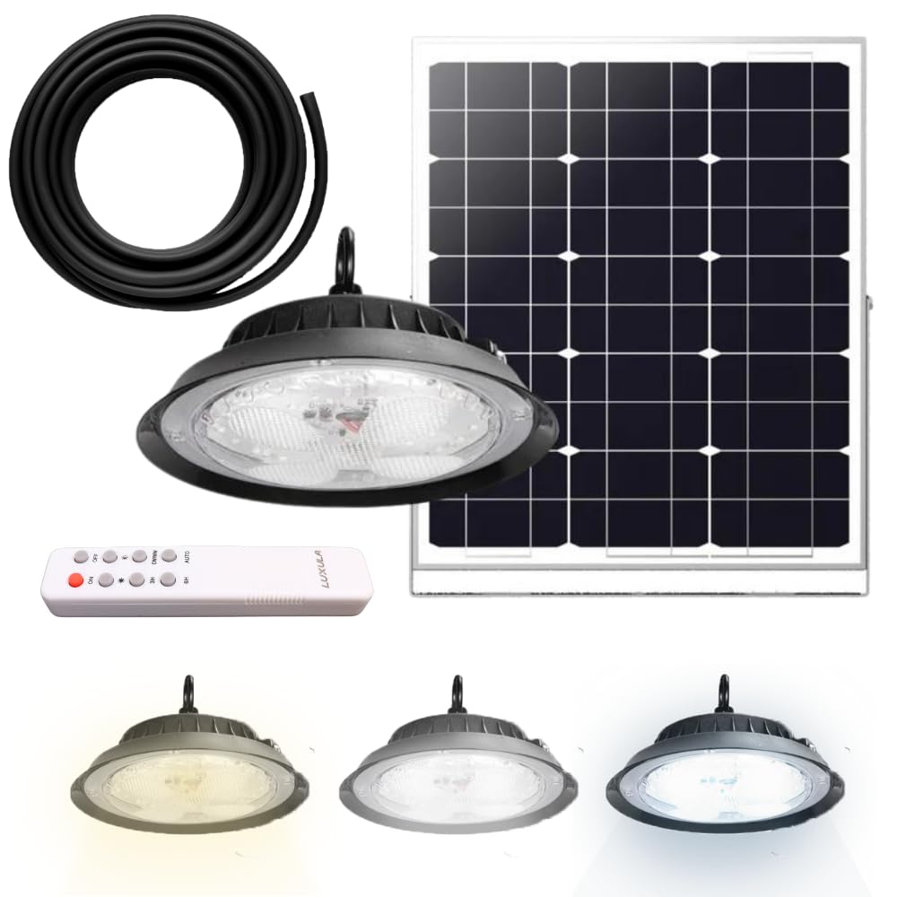 LUXULA dimmbare LED Hängeleuchte mit Solarpanel und Fernbedienung für Außen - 6W 500lm - 5m Kabel - IP44 Außenleuchte Solarlampe Camping Outdoor Garten Terrasse Zelt
