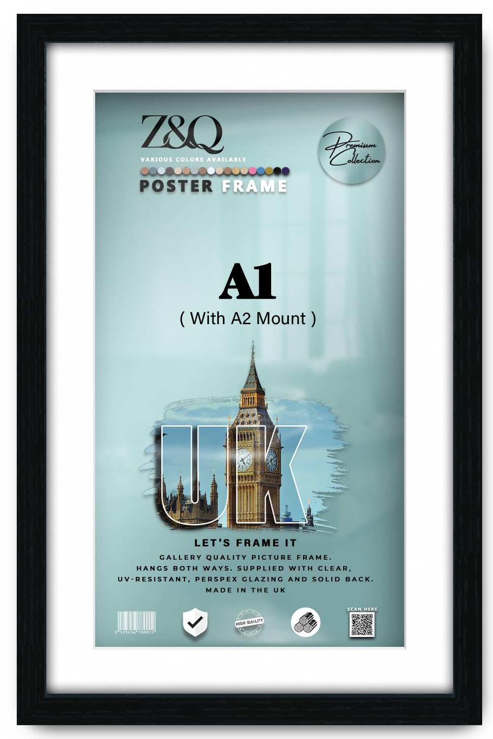 Z&Q Black Picture Frame With White Mount A1 For A2 Print Wall Poster Frame - Portrait And Horizontal Wall Hooks Photo Frame For Display Pictures-Jigsaw Puzzle-Art Work