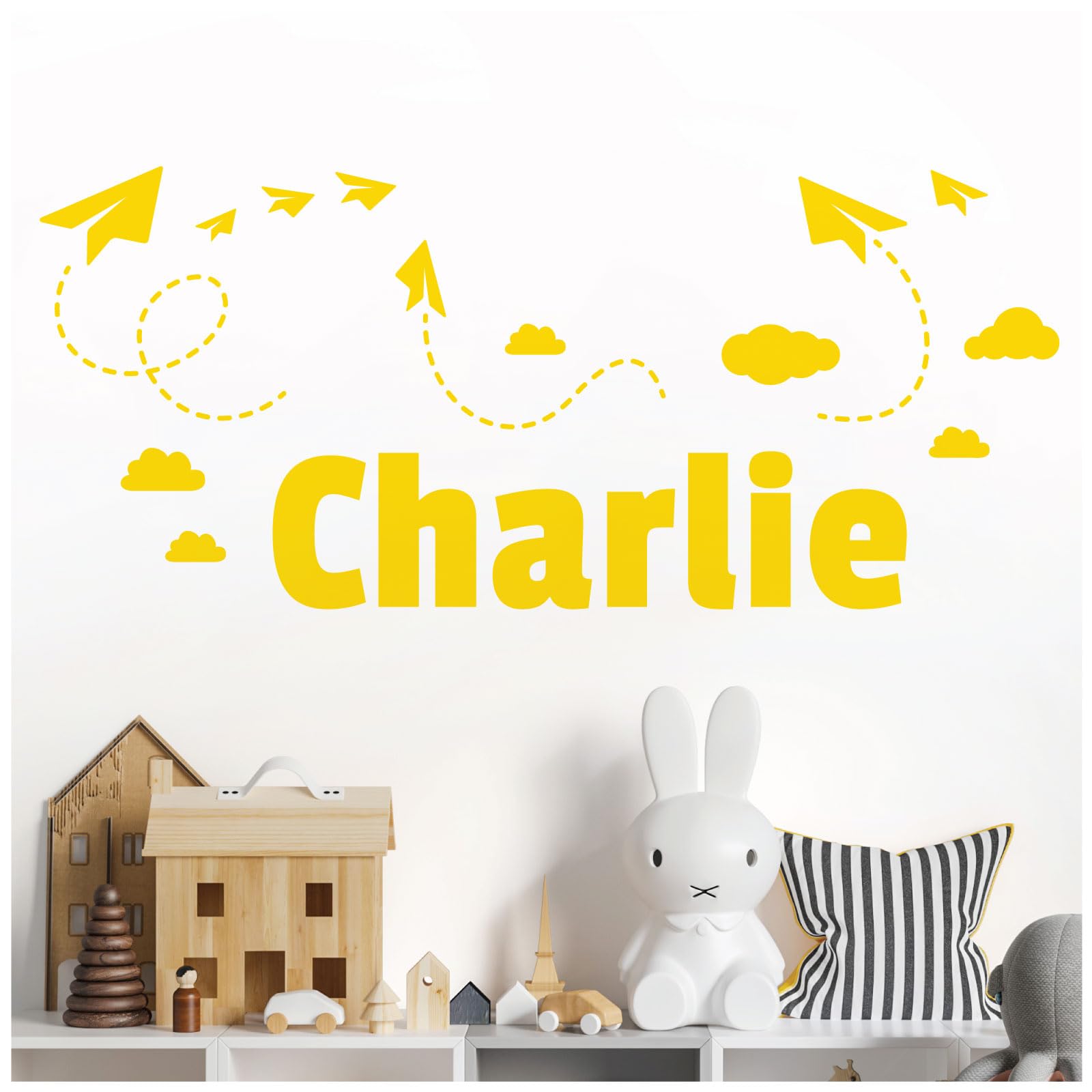 Personalised Name Children Wall Art Sticker - Sky, Paper Planes and Clouds [Medium] [Medium Yellow]