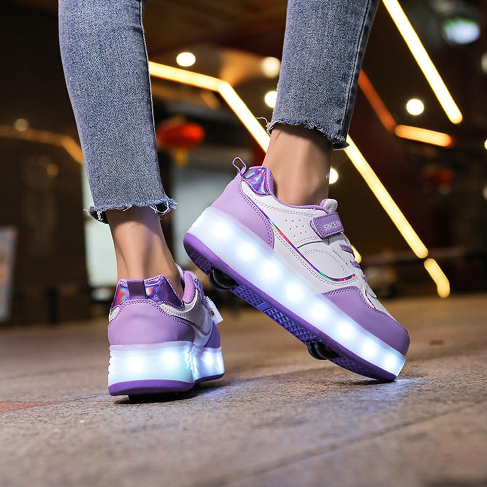 Hixingo Chaussure a Roulette Lumière LED pour Fille Garçons, Chaussures a roulettes avec 4 Amovible Roues Chaussures de Skateboard Patins à roulettes Basket à roulettes pour Enfants Filles Adulte