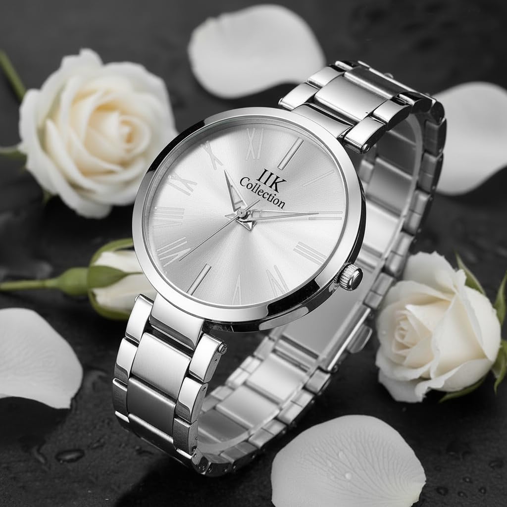 Watches for Women Round Studded Dial | Quartz Movemnet |Long Battery Life|Stainless Steel Bracelet Chain Strap|Double Lock Clasp Safety Watches for Girls