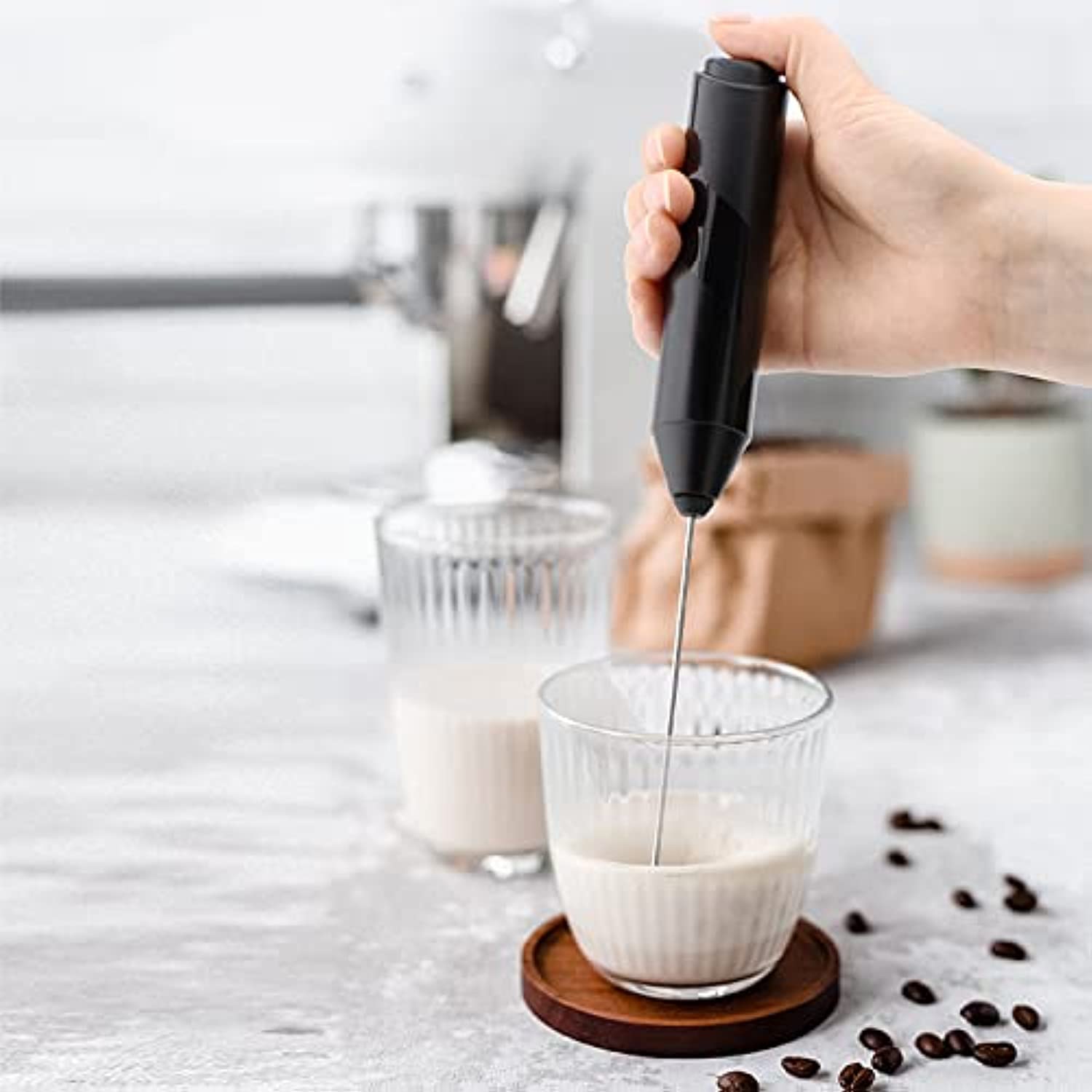 Handheld milk frother Small mixer for drinks Whisk Frother of Battery Operated,Stainless Steel Mini Frother for latte, cappuccino, hot chocolate, Matcha(Black)