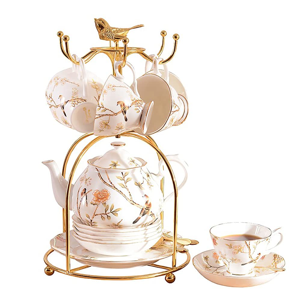 Sjdopulse White/Green Fashion Gift Ceramic Coffee Sets Gift 15 Pcs Porcelain Tea Cup Saucer Set And Teapot Sugar Bowl Creamer Pitcher With Flower Bird Pattern Service For 4