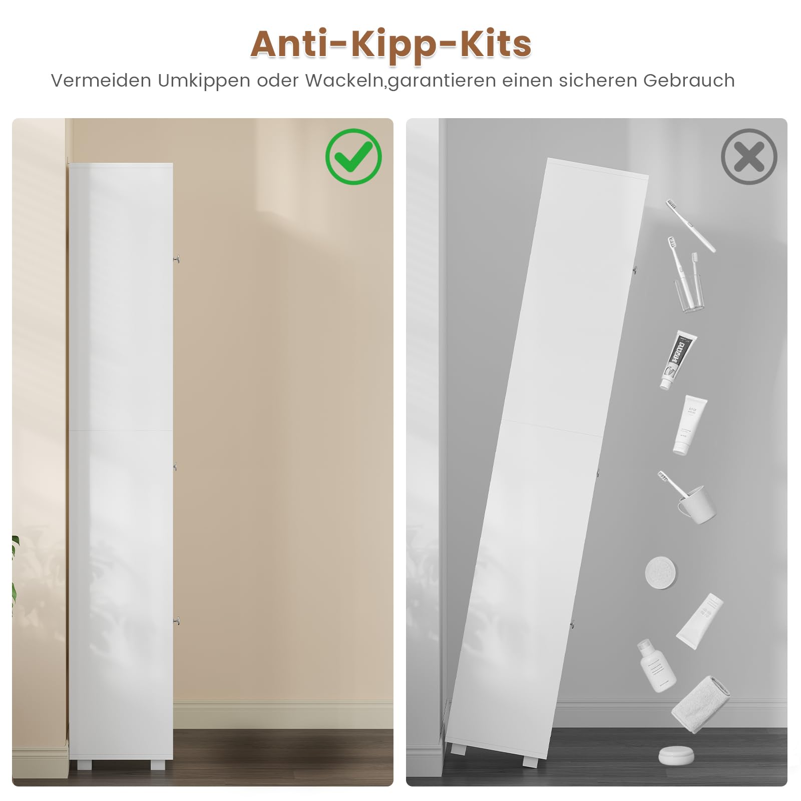 Badezimmerschrank, Badschrank Hochschrank mit LED Beleuchtung, verstellbare Ablagen, offenes Fach, Badezimmermöbel mit 2 Türen, Aufbewahrungsschrank für kleine Räume, 29.5x29.5x179 cm, Weiß
