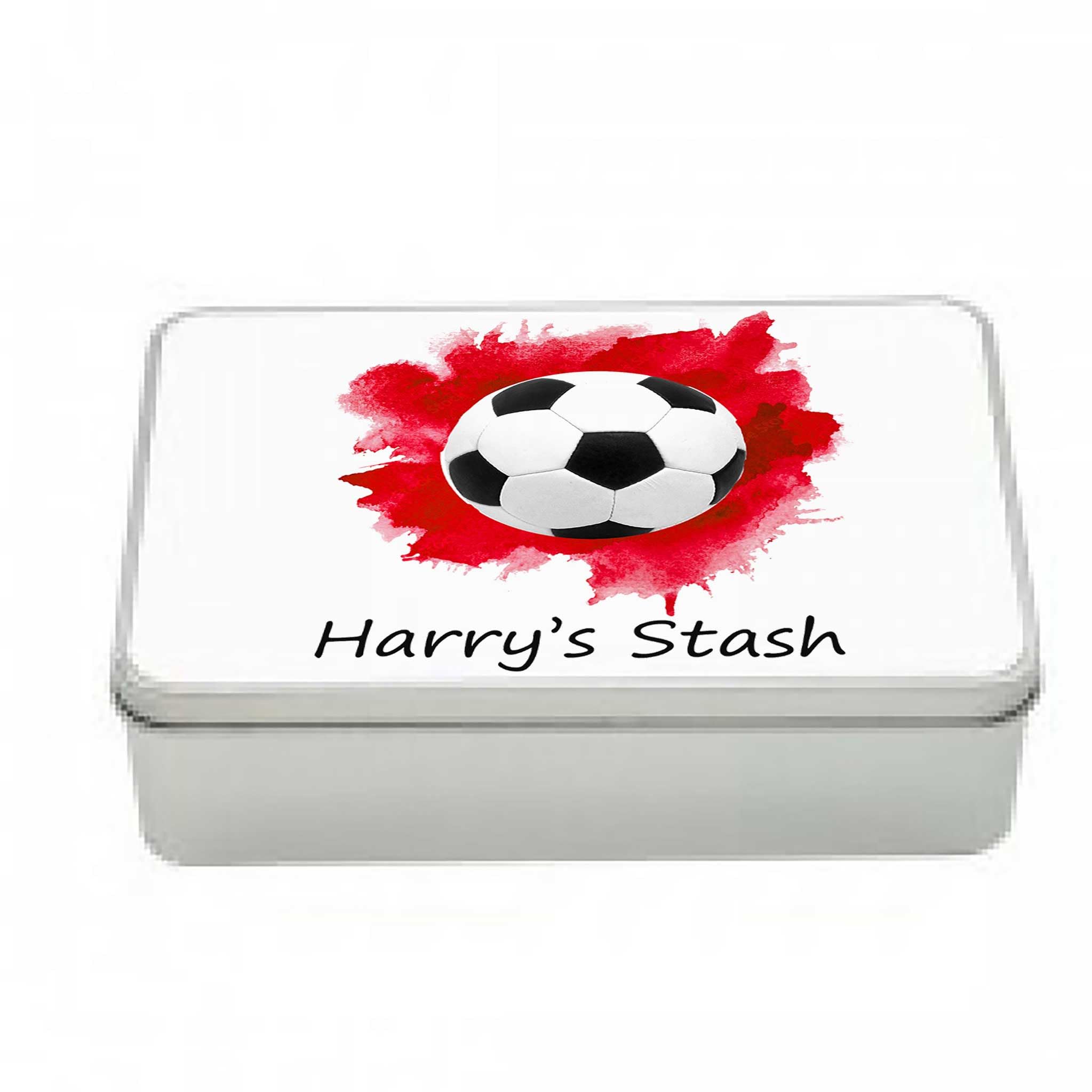 Personalised Football Themed Storage Tin for Boys' Room, Red, birthday gift, Room Tidy, Toy Tin, Toddler Gift.