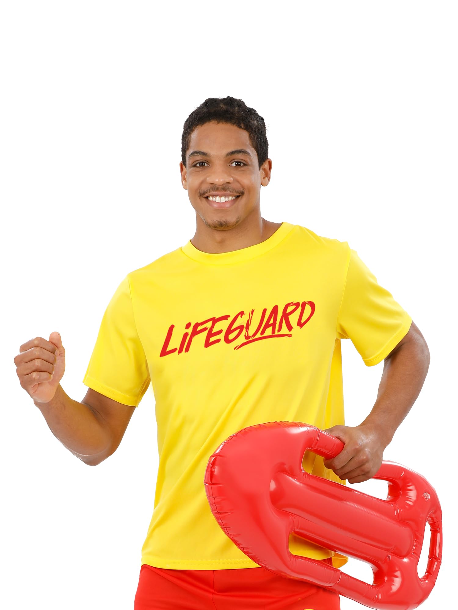 Smiffys Lifeguard T-Shirt for Men, Bright Yellow Fancy Dress Costume Top with Bold Red Logo Print, Unisex Short Sleeve Summer Party Outfit for Beach & Lifeguard Themed Events, Large