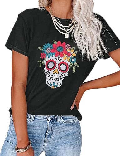 Miniatura 3 de Camisetas de manga corta con diseño de calavera de azúcar para mujer, diseño de calavera y Día de los Muertos