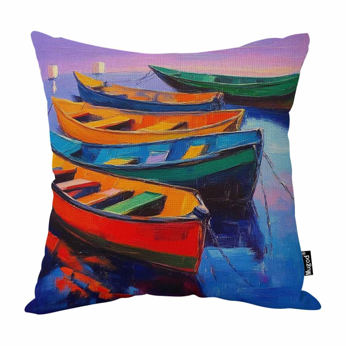 Mugod Boats and Sea Throw Pillow Case Romantic Harbor Pier Beautiful Scene Blue Orange Cotton Linen Square Cushion Covers Standard Pillowcase Couch