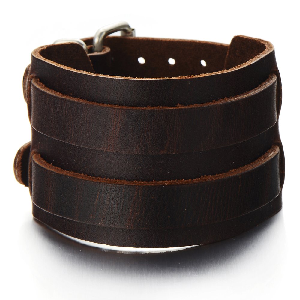 COOLSTEELANDBEYOND Pulsera Cuero Ancha, Pulsera de Hombre, Cuero Genuino , con tres hebillas