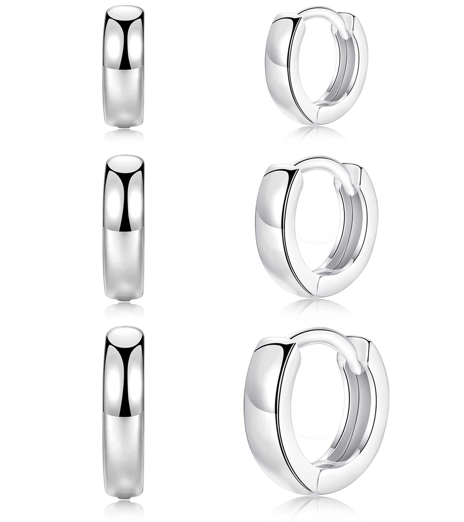 Juego de 3 pares de aretes de aro pequeños para mujeres y hombres, de plata de ley, para cartílago, 3 mm de ancho, diámetro de 8 mm, 10 mm y 12 mm