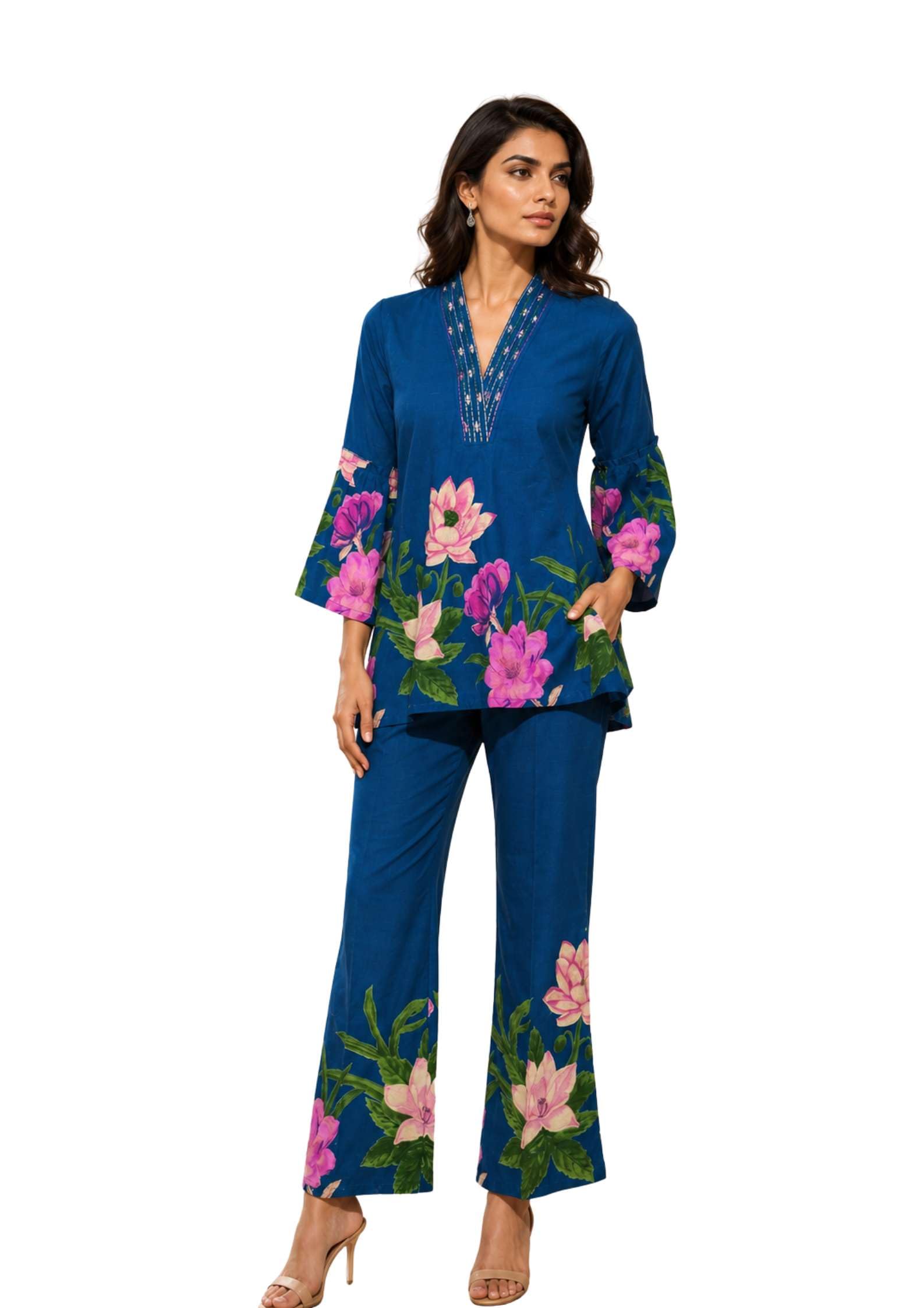 Women Cotton Floral Printed Co-ord Set | V-Neck Top with Straight Fit Pants | Casual Outfit for Women-image-21