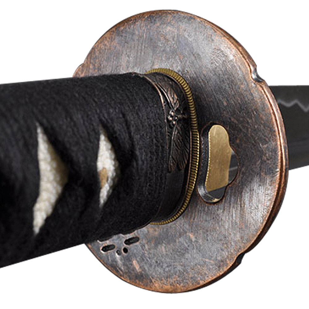 Handmade Sword - Japanese Style Samurai Katana Sword, Practical, Hand Forged, 1045 Carbon Steel, Heat Tempered, Full Tang, Sharp, Dragonfly Tsuba, Black Wooden Scabbard