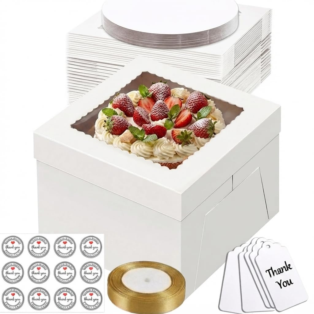 Fukmory 12x12x8 Inch Cake Box, 5 Packs White Cake Box Set