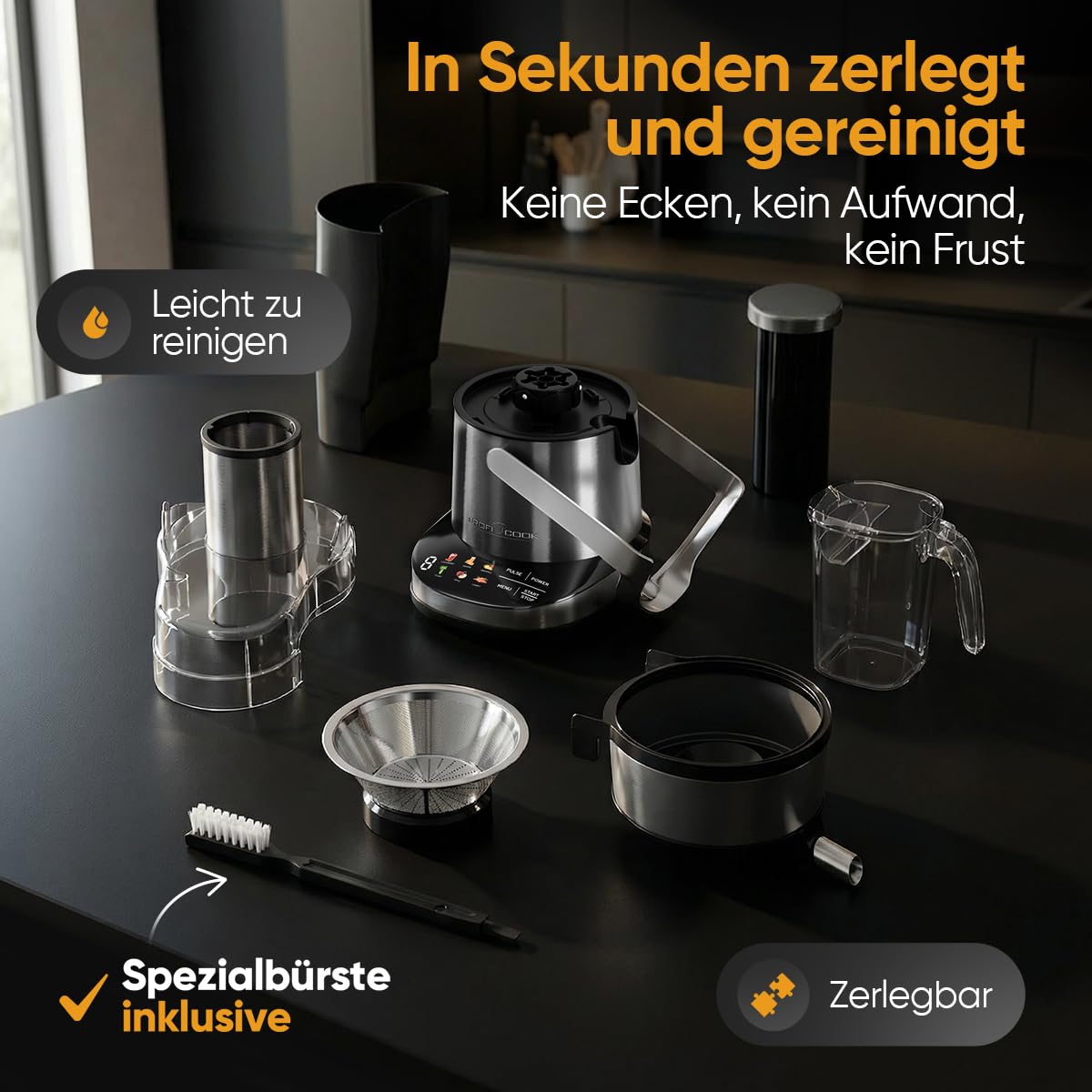 ProfiCook® Entsafter | leicht zu reinigender Slow Juicer | XXL-Einfüllschacht | 1000W Longlife-Motor | feines Mikrosieb | Touch-Display | 6 Stufen | Saftpresse | inkl. Reinigungsbürste | PC AE 1326