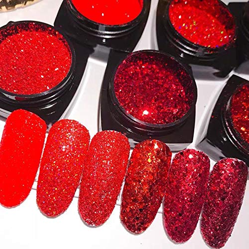 2021 New Big Red Nail Art Glitter Sequins Winter Nail Art Supplies 3D Holographic Nail Art Powder Shiny Flakes Acrylic Nail Glitters Set for Nails Art Decoration Sparkle Manicure Tips Charms (6 Boxes)