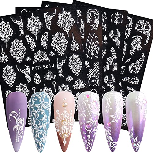 4 Sheets Flower Nail Art Sticker Decals 5D Luxurious Hollow Embossed Exquisite Pattern Nail Art Supplies Self-Adhesive Nail Accessories White Flower Lace French Design DIY Acrylic Nail Art