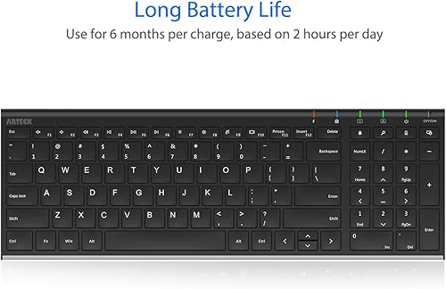 Miniatura 5 de Arteck Teclado inalámbrico USB de acero inoxidable ultra delgado teclado con teclado numérico para computadora/PC/portátil y Windows 11/10/8 batería