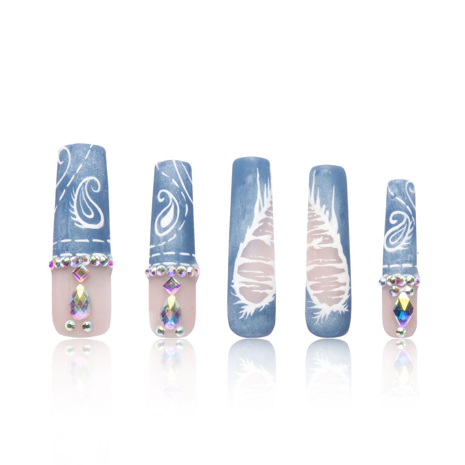 LOVFUL Press on Nails Denim Seraph Blue French Tip | Handmade with Full Covered Crystals | Reusable Fake Nails | Square Mid length 1.7in | H194-S