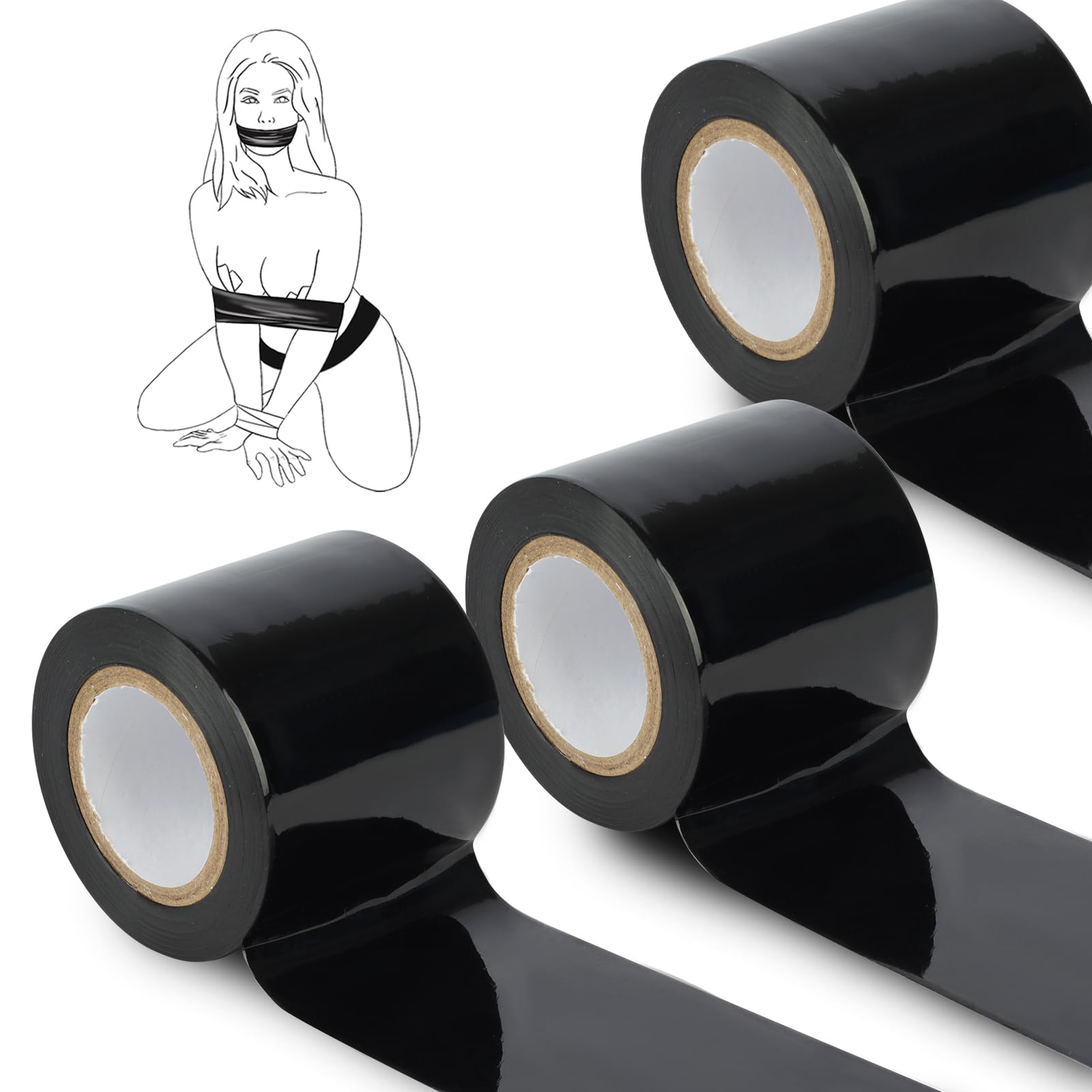 BDSM Bondage Restraints Tape Set – 3 Rolls Electrostatic Tape with Blindfold for BDSM Games Adult Sex Toys Bondage Tape Reusable Binding PVC Sex Things for Couples Kinky: Black,black,black 65ft*3Rolls