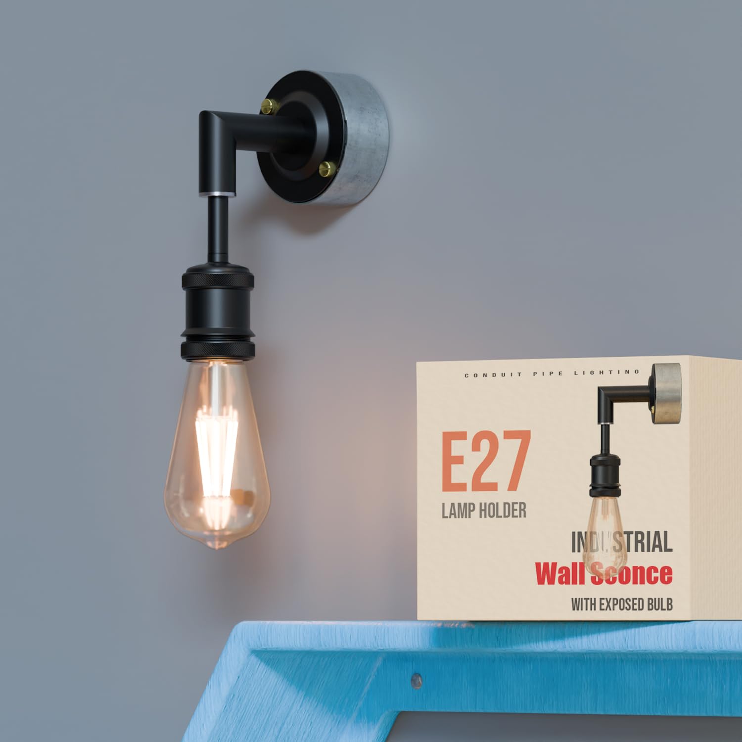 Industrial Conduit Pipe Wall Light - Modern Wall Sconce Lighting Fixture Single Head Fully Black Edison E27 Lamp Holder Fitting Metal Conduit Wall Lamp for Living Room, Kitchen, Hallway EPC A+