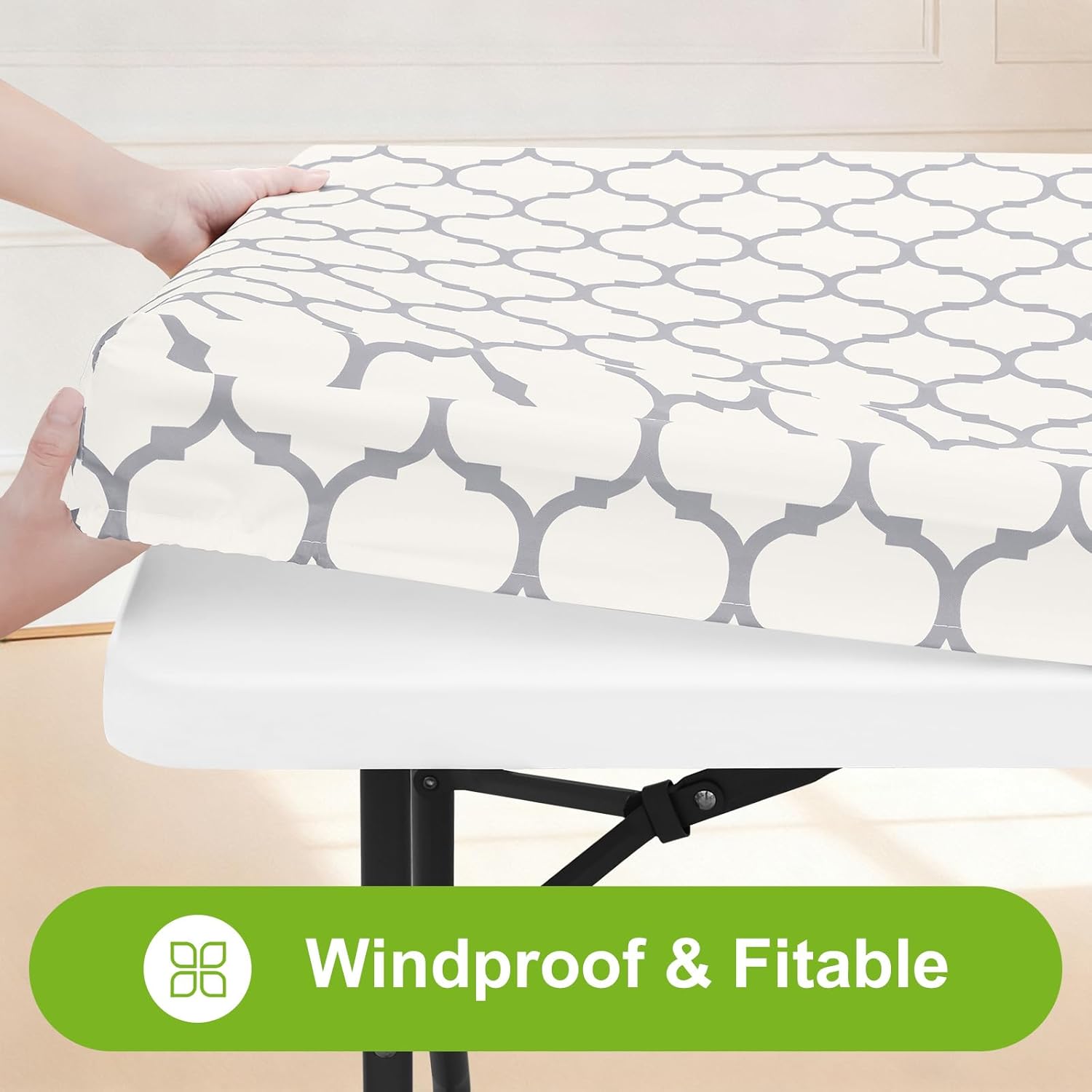 Smiry Rectangle Picnic Table Cover, Wipeable Flannel Backed Vinyl Tablecloth for 6 Foot Tables, Waterproof Elastic Fitted Camping Tablecloths Protector for Indoor, Outdoor (Beige, 30x72 Inches)