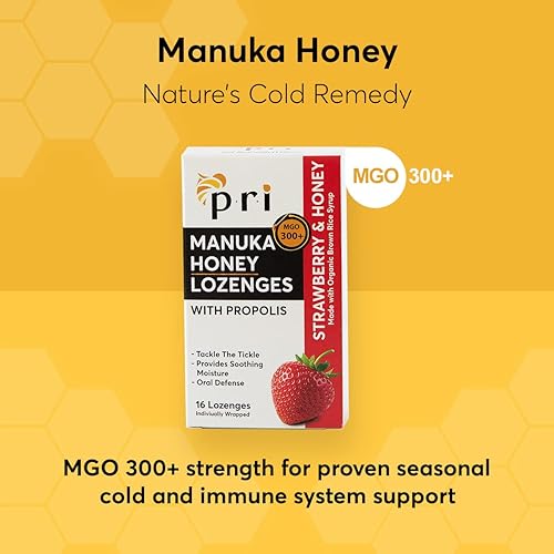 Miniatura 3 de PRI Manuka Pastillas de miel con propóleos, gotas calmantes para la tos y la garganta, certificado MGO 300+ (fresa, 16 unidades)